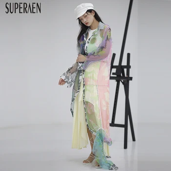 

SuperAen New 2020 Spring and Summer Europe Shirts Women Wild Casual Ladies Blouses Printed Mesh Women Clothing