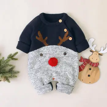 

Cartoon Baby Christmas Rompers Reindeer Knitted Infantil Jumpsuits Toddler Girls New Year's Costume Children Overalls Clothes