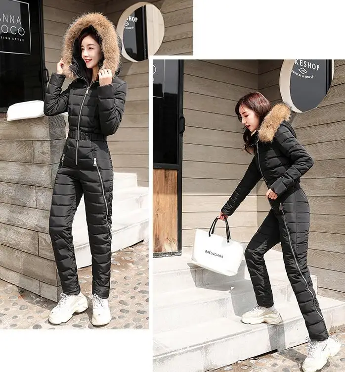 down jacket suit women piece thick coat winter fashion one-piece suits waist slim ski women parka