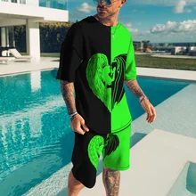 Men's 3D Printing Oversized O-Neck T-Shirt Fashion Street Hip-Hop Trend Beach 2-Piece Short-Sleeved Youth Sports Suit Clothes