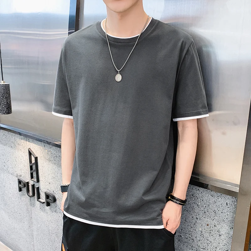 

Summer Solid Couples Patchwork t shirt College style All-match Fake two pieces funny Streetwear hip hop Simple Cotton MEN top