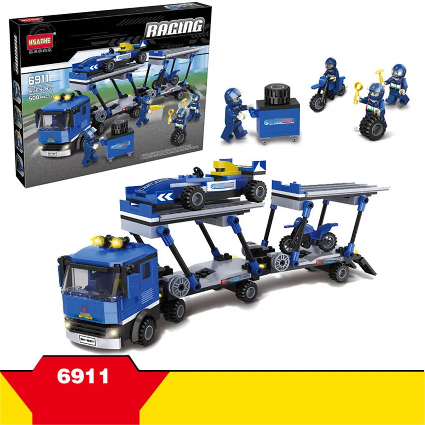500pcs Hsanhe racing car Series mini blue F1 loader Building Blocks Set motor Bricks DIY Educational truck Toys with 4 figures | Игрушки и