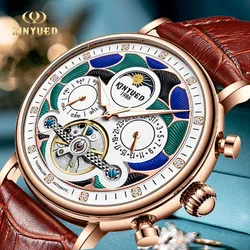 KINYUED Reloj de pulsera automático para hombre, con correa de Corium mecánica, multifuncional, fondo transparente, resistente al agua, de negocios