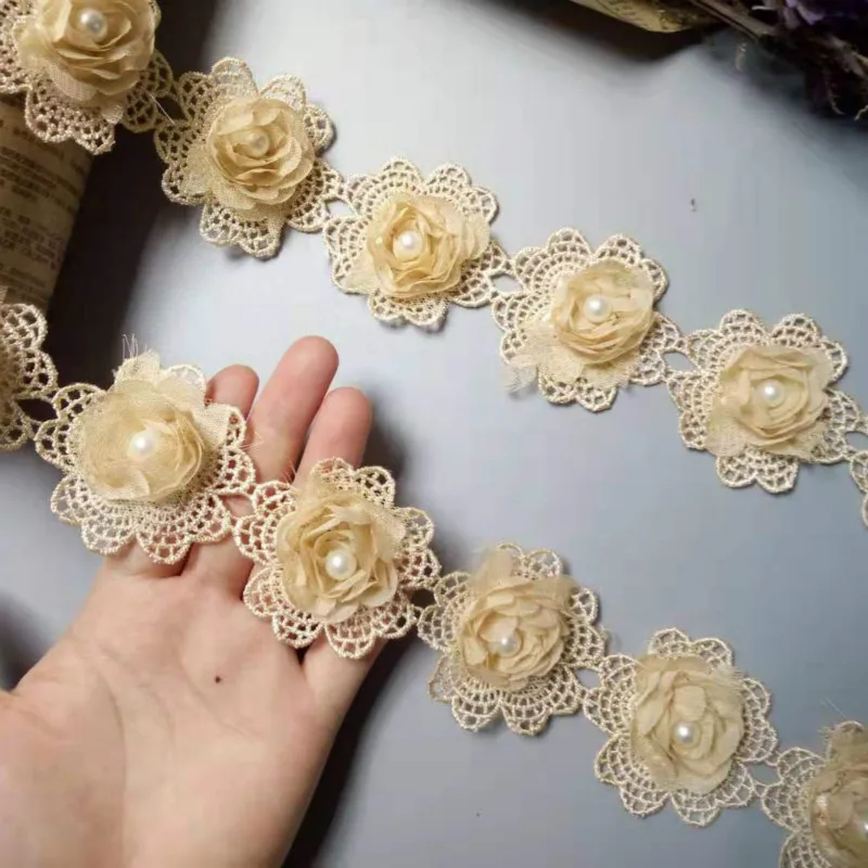 

2 Yard 5cm Gold Pearl 3D Flower Tassel Lace Edge Trim Ribbon Fabric Embroidered Applique Sewing Craft Wedding Dress Clothes 2019