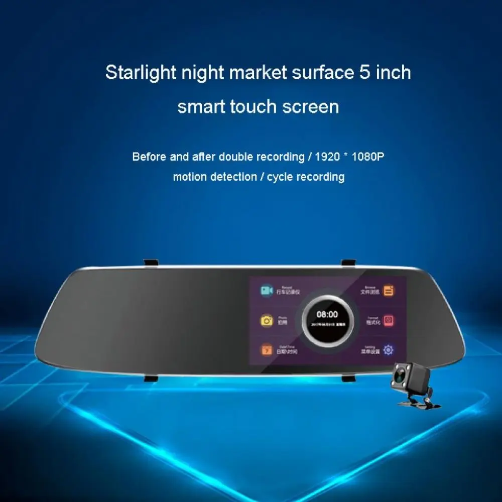 Full HD Автомобильный видеорегистратор с сенсорным экраном, камера 5,0 дюймов, ночное видение, зеркало заднего вида, цифровой видеорегистратор, двойной объектив, Регистрационная камера