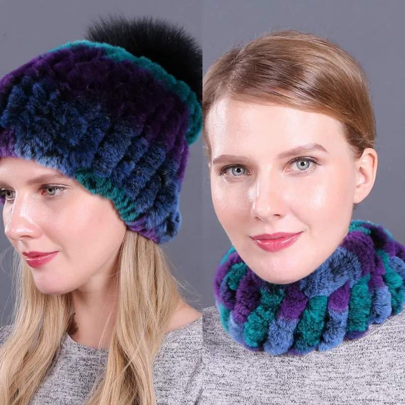 ZDFURS* Зима настоящий мех кролика женские наборы шарф шапка женские шапки шарфы - Цвет: color25