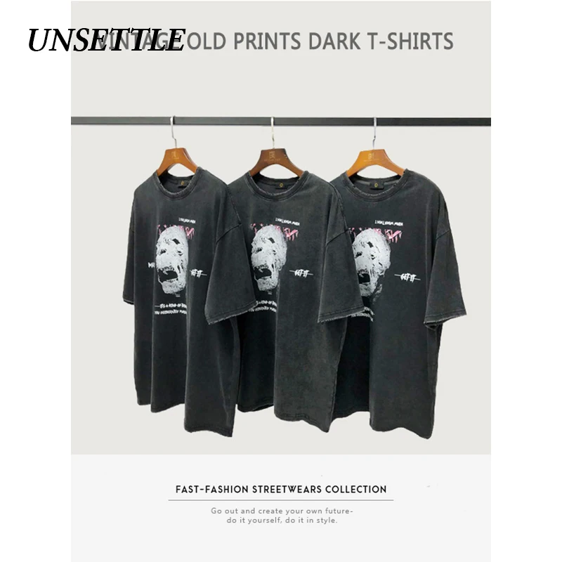 UNSETTLE High Street Heavy Weight Fabric Washed T-shirts Men Hip Hop Print Gothic Skulls Streetwear tshirt Short Sleeve Tees | Мужская