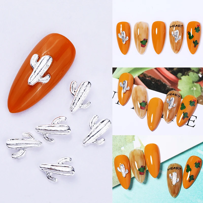 

10 PCS/Bag Gold Sliver Cactus Shaped Ornament Mixed Nail Studs DIY Nail Design 3D Nail Art Decorations 2 Colors