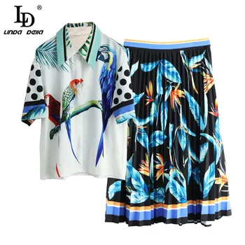 

LD LINDA DELLA Summer Fashion Runway Suit Women Polka Dot Shirt + Animal And Plant Print Ladies Midi Skirts 2 Two Pieces Set