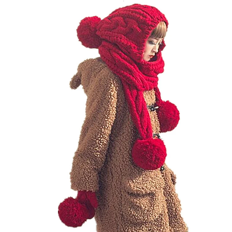 Модная Милая женская зимняя теплая плотная Красная шапка ручной работы, большой длинный шарф и перчатки, вязаная забавная шапка, шапки, подарок для рождественской вечеринки