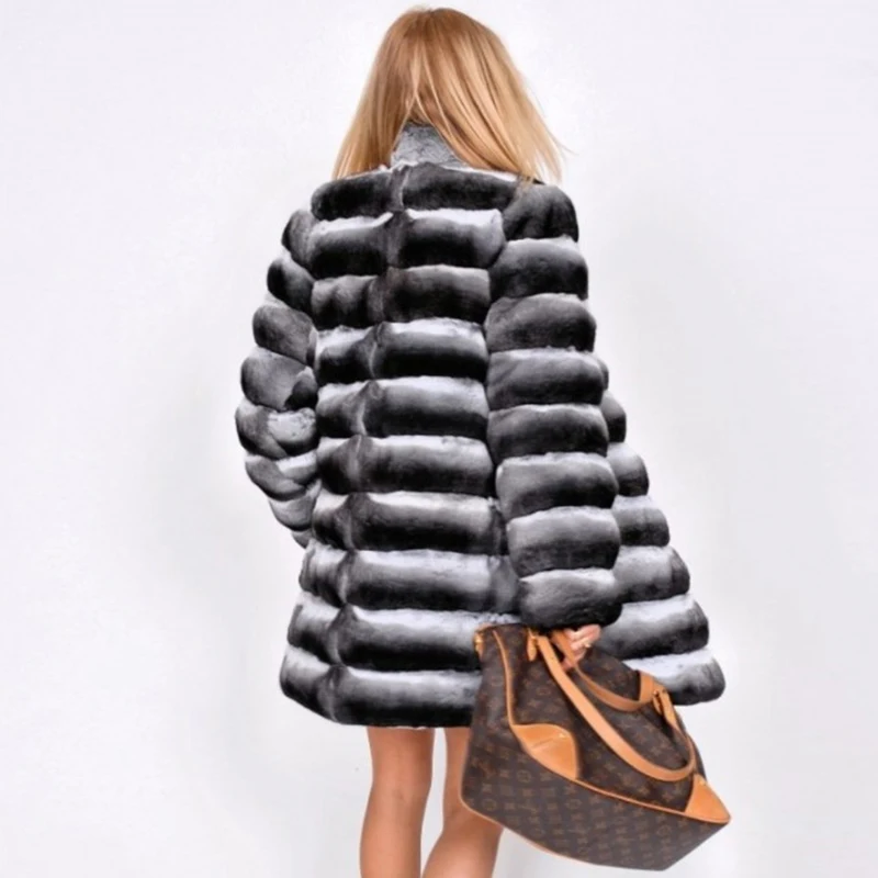 Женская куртка из натурального меха Шиншилла, шуба из кролика Рекс, стоячий воротник, меховые пальто, зимняя верхняя одежда, роскошная