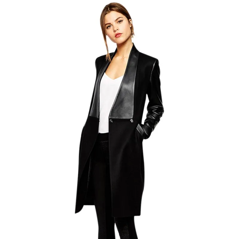 

Sexy Long Sleeve Slim Woolen Coat Women Lapel Splicing Patchwork Leather Jacket Long Wild Coat
