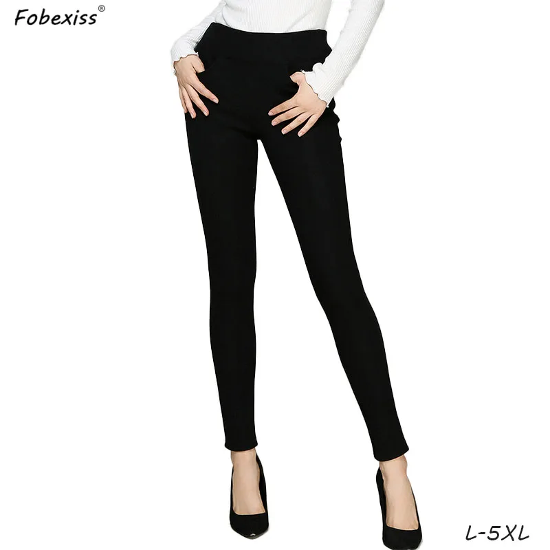 

5XL Black Plus Velvet Pencil Pants Women Plus Size Thick Ankle-Length Elastic Winter Trousers Warm Solid Fitted 2019 Women Pants