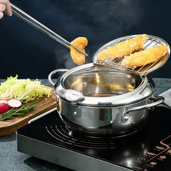

Durable Stainless Steel Fryer Pot with Thermometer Japanese-style Frying Pan with Oil Drip Rack Lid High Temperature Cooking