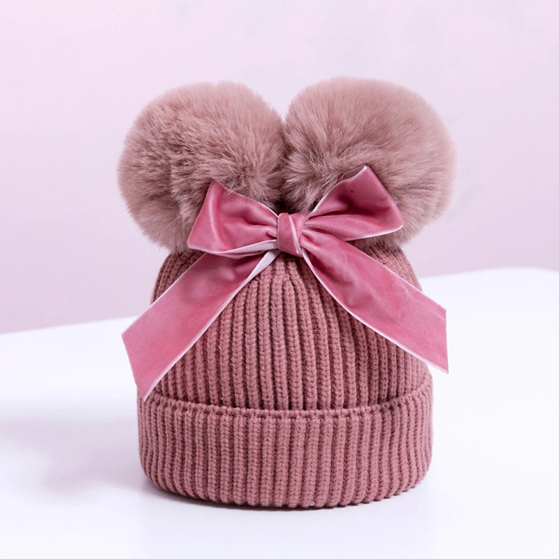 Baby Double Pompom Hat Velvet Bow Winter Girls Warm Knit Thicker Pom Pom Hats Ball Children Beanie Cap Kids Bonnet Casquette 4