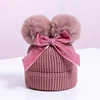 Baby Double Pompom Hat Velvet Bow Winter Girls Warm Knit Thicker Pom Pom Hats Ball Children Beanie Cap Kids Bonnet Casquette 4