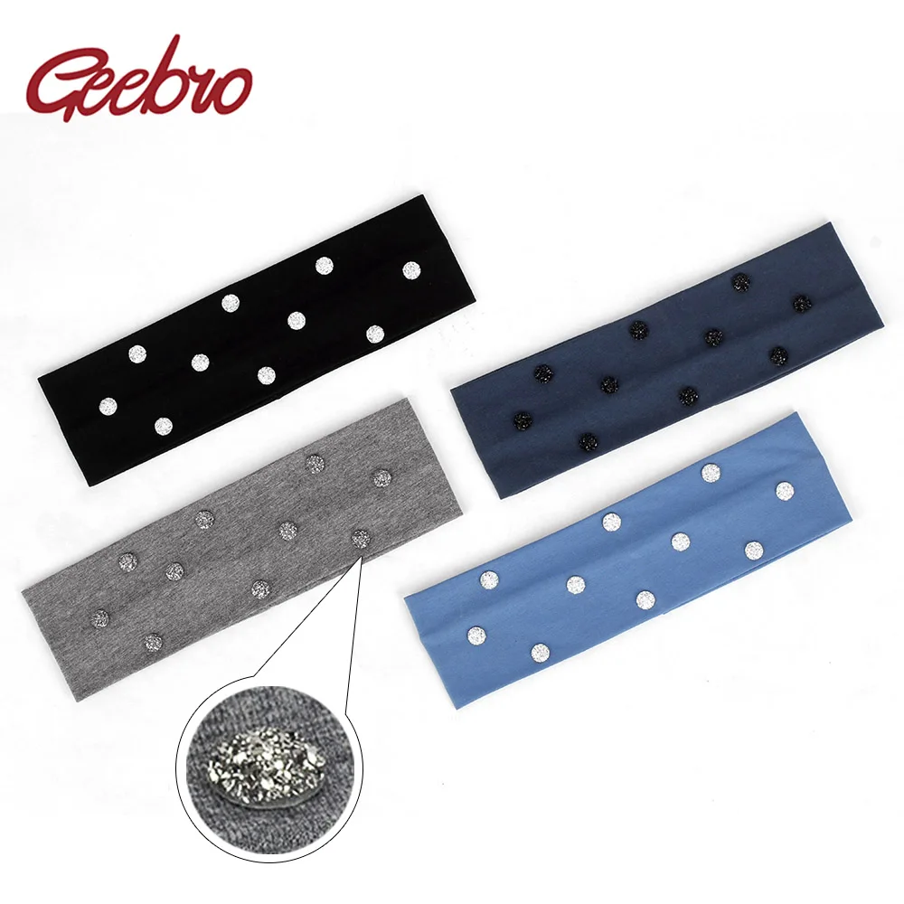 

Geebro Girls Cotton Headband Shine Rhinestones Female Headwear Flat Casual Hairband Women Soft Elastic Turban Hair Accessories