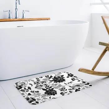 

Flower Texture Lines Black And White Doormat Non-slip Rug Soft Bath Mats Bathroom Supplies Carpet Living Room