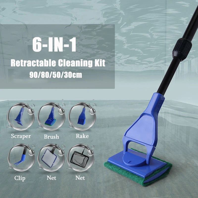 6-IN-1 Aquarium Cleaning Tools Kits Fish Tank Clean Set Net Gravel Rake Algae Scraper Fork Sponge Brush Glass Cleaner |