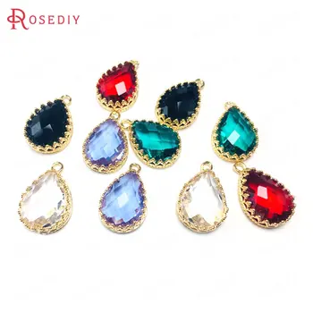 

(38591)6PCS 10x14MM 24K Champagne Gold Color Brass and Glass Drop Shape Charms Pendants Jewelry Making Supplies Diy Accessories