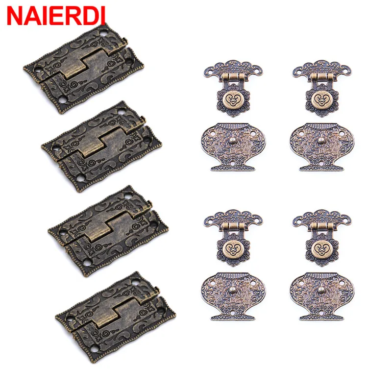 

NAIERDI 4PCS Antique Drawer Wood Box Cabinet Mini Hinges + 4PCS Antique Bronze Hasps Latch For Jewellery Locks Fittings