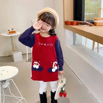 

Girls' knitted dress 2020 fall/winter cute and sweet strawberry fur ball pocket western sweater dress