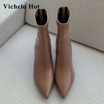 

Vichelo Hot 2020 new style large size natural leather pointed toe high heels mature lady daily wear fashion mid-calf boots L2f1