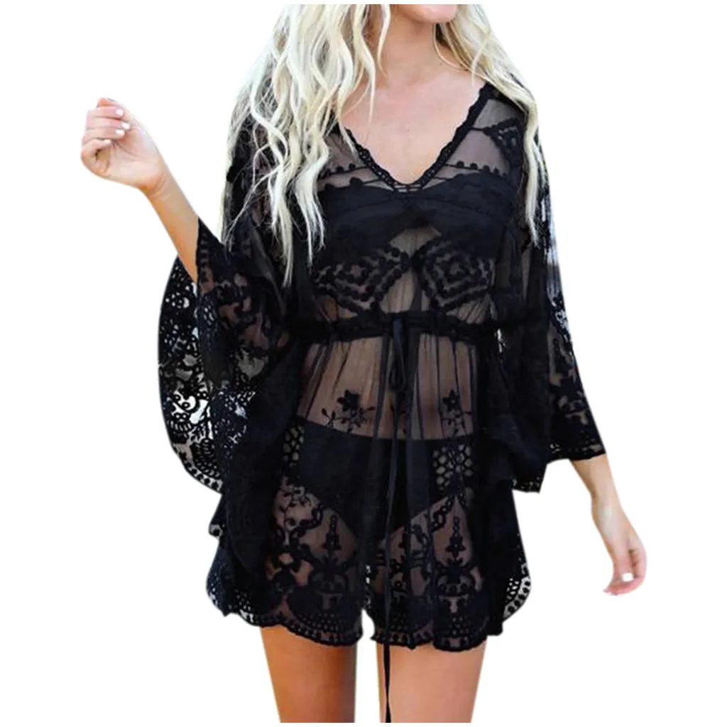 bathing suit coverups Lace Cover Up Ladies Beachwear Lace Mesh Embroidery Bikini Cover Up Holiday Beach Dress V-Neck Transparent Cover Up Swimwear bathing suit with matching cover up Cover-Ups