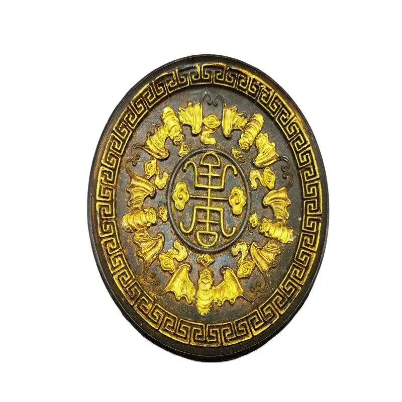 

Chinese Old Copper Statue Of Writing-Brush Washer Gilded Gold Relief Ruyi Fu (Bat) Dish Copper Pattern Plates
