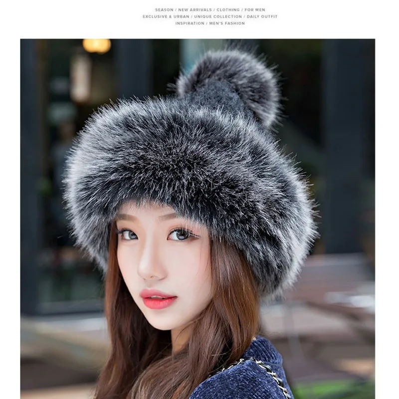 Stylish Women Fluffy Hat Knitted Beanies Winter Ski Hats Weaving