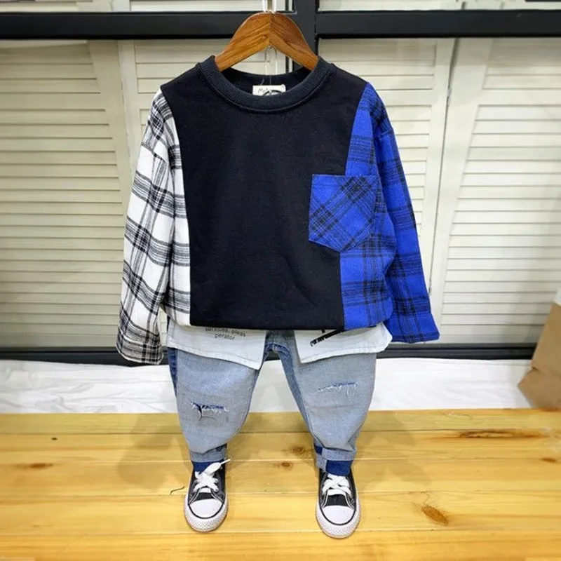 Spring New Boys Hoodie Plaid Cotton Kids Clothing Long Sleeve Casual Patchwork Girls 4 5 6 7 8 9 10 11 12 13 14 Years