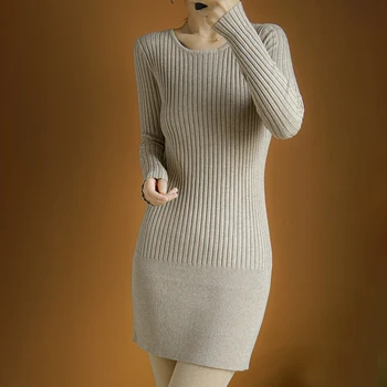 

Autumn and winter new long cashmere sweater women's round neck pullover ladies sweater Slim long-sleeved bottoming knit dress