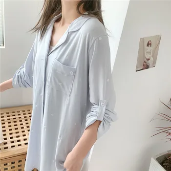 

2020 New Dormir Tops Spring and Autumn Sleep Tops Japanese Heart-shaped Loose and Simple Thin Lapel Long Sleeve Home Nightdress