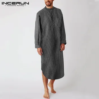 

Men Striped Robes Homewear Cotton Long Sleeve Pockets Stand Collar Leisure Dressing Gown Vintage Men Sleepwear Nightgown INCERUN