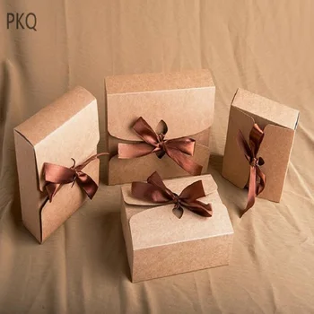 

20Pcs 3 sizes Small Gift Box with ribbon Brown Kraft Paper Cake Box Black Cardboard Present Box Carton Wedding Party Boxes