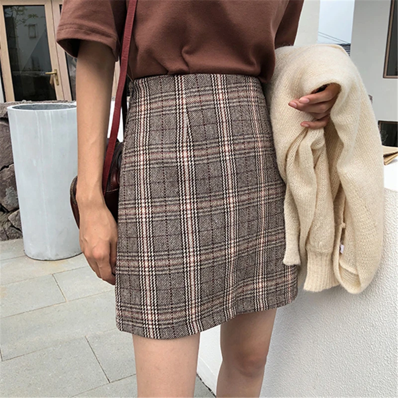 

Spring Summer Casual Korean High Waist Plaid Mini A-Line Skirt Vintage Female Kawaii Students Empire Above Knee Slim Skirts