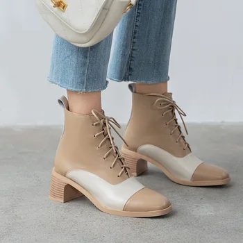 

brand designer shoes black apricot genuine leather ankle boots for women lace up platform ankle boots winter autumn women boots