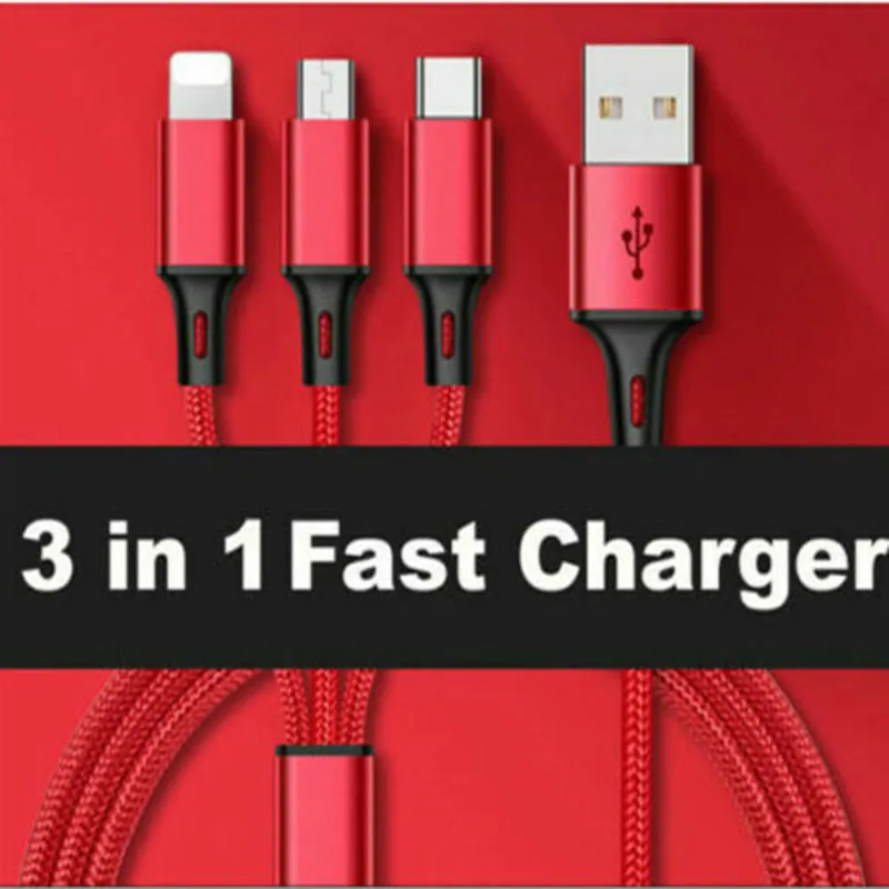 

3 in 1 Charging Cable Nylon Braided Fast Charge Wire Cord Type C Micro USB Cable For iphone 7 8 X XR Samsung S8 S9 Charger Cable