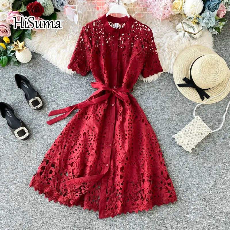 

2022 Summer new women's o-neck short sleeve hollow out single breasted lace A-line dress female elegant lace-up dresses