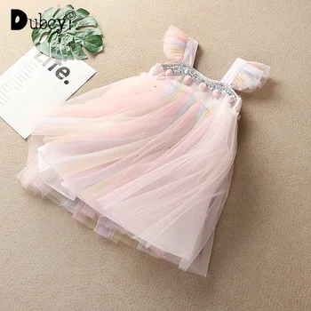 

2020 Summer Boutique Princess Dress Girls Rainbow Color Sequins Embroidery Party Dress