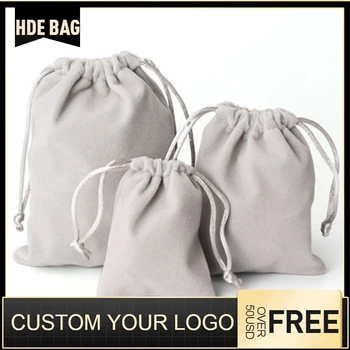 

Light Gray Long Velvet Jewelry Bag Packaging Beads Storage Drawstring Bag Flannel Cloth Small Gift Bags Custom Logo size