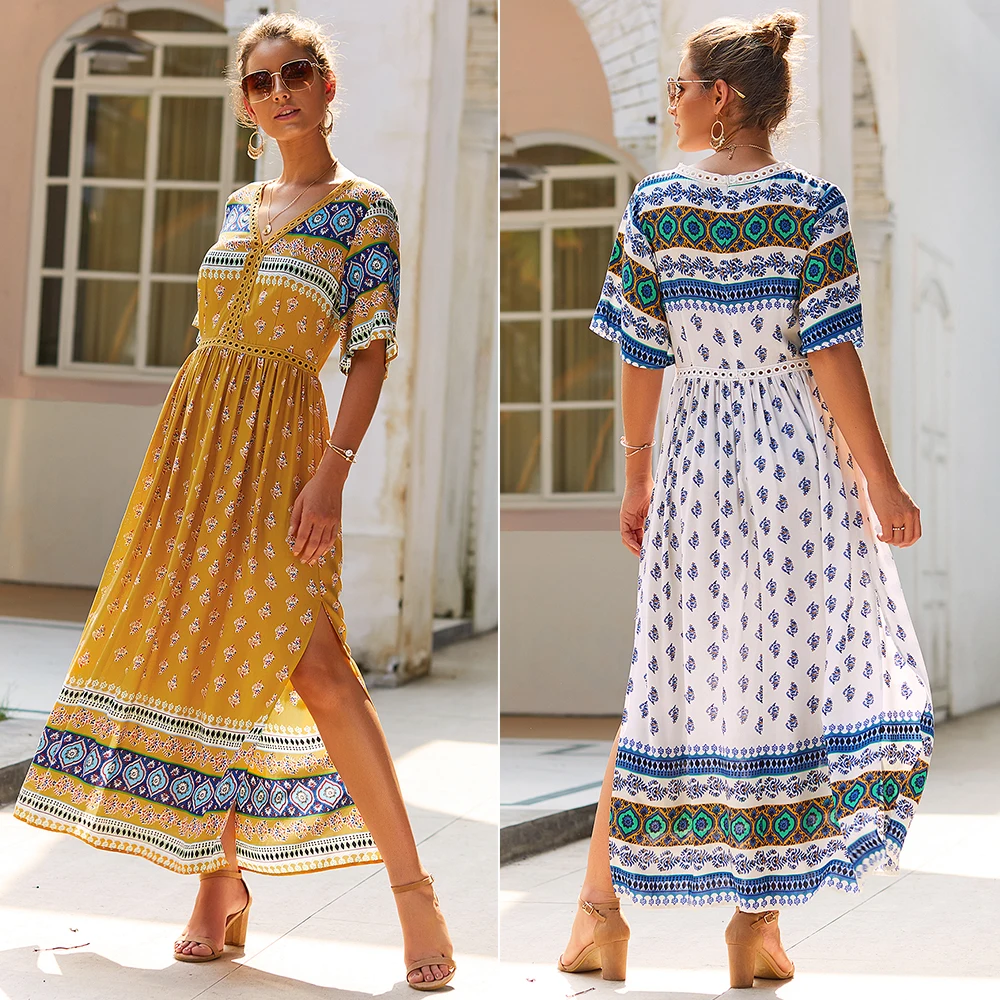 

Autumn Casual Dress Women Bohemian Floral Print Elastic Sexy Dress Fashion V Neck Chiffon Women Clothing High Waist Beach Dress