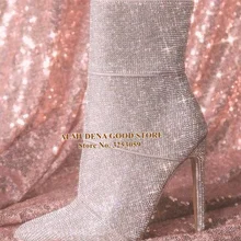 ALMUDENA фантастические сверкающие Серебристые украшенные кристаллами ботильоны с острым носком на молнии; блестящие модельные Ботинки шикарные свадебные туфли на высоком каблуке