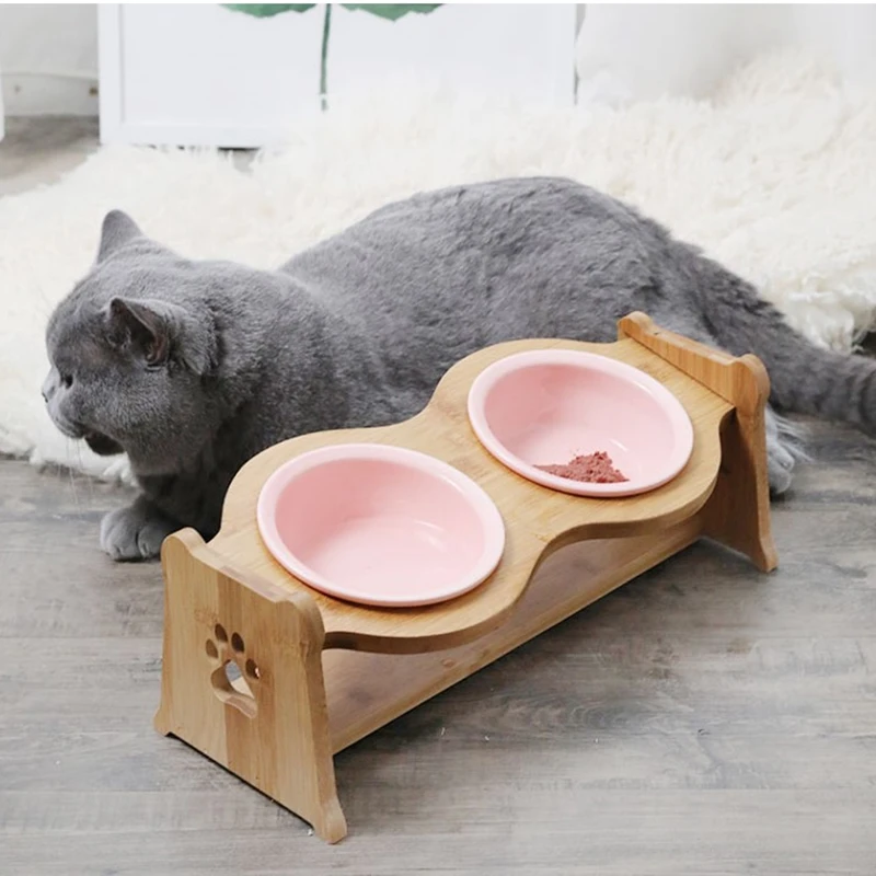 Pet Bowl Dogs Cats Ceramic Bowl Bamboo Cat Food Bowl Pet Cat Ear Double