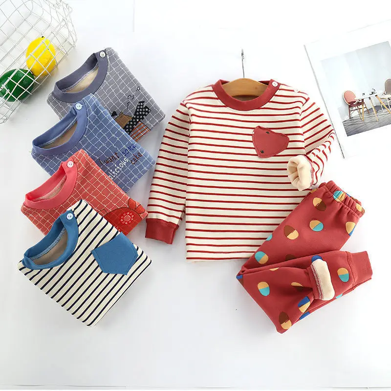 Комплекты одежды для маленьких мальчиков, осенне-зимние хлопковые плотные бархатные топы для новорожденных+ штаны, спортивный костюм из 2 предметов для маленьких девочек, Пижама для младенцев, B4