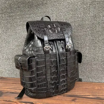 

Authentic Crocodile Skin Drawstring Closure Male Black Casual Backpack Genuine Alligator Leather Men's Large Travel Bag Pack