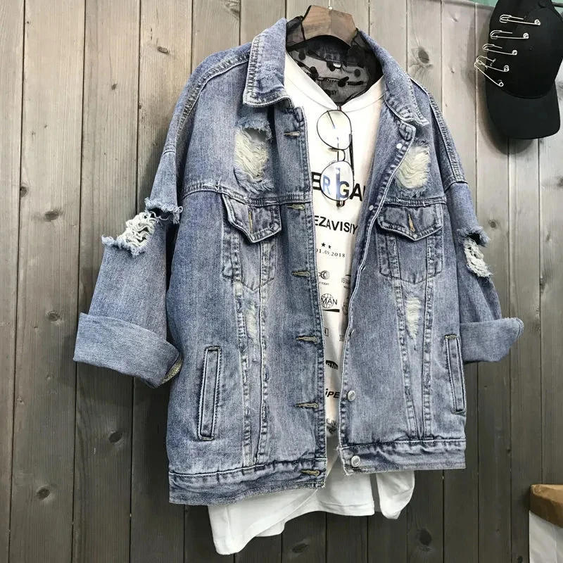 Women 2022 Ripped Denim Jacket Female Spring Autumn Loose Student Korean Version Of The Bf Wind Beggar Coat Vintage Trend A111