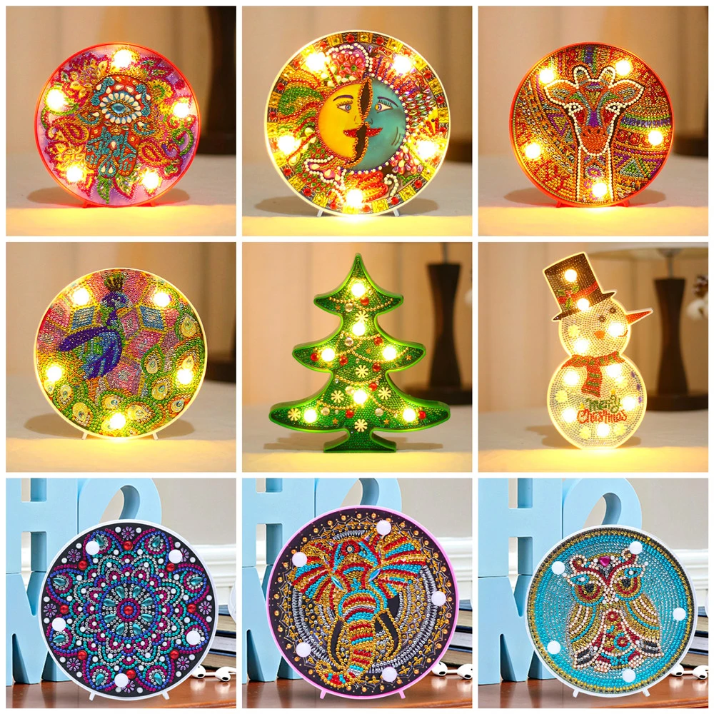 

HUACAN New 5D DIY Diamond Painting LED Lamp Light Snowman Special Shaped Mosaic Embroidery Owl Unfinished Kit Christmas Gift