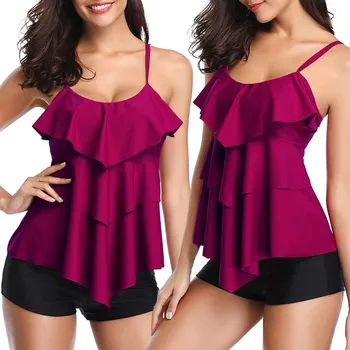 

Multilevel High Waist Swimsuit Retro Bikini Swimwear Women Tankini Swimsuits Solid Bathing Suit Beachwear Swimming Female Xxl