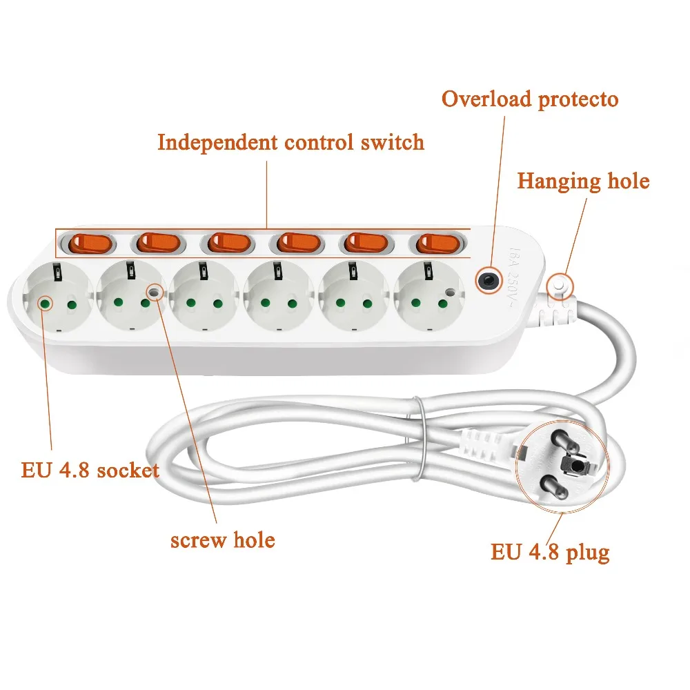 Штепсельная вилка европейского стандарта, 6 розеток, мощность 250 в 16 А, силовая лента, штепсельная вилка европейского стандарта, штепсельная вилка, сетевой адаптер, удлинитель 1,5 м 2,5 м Независимый выключатель